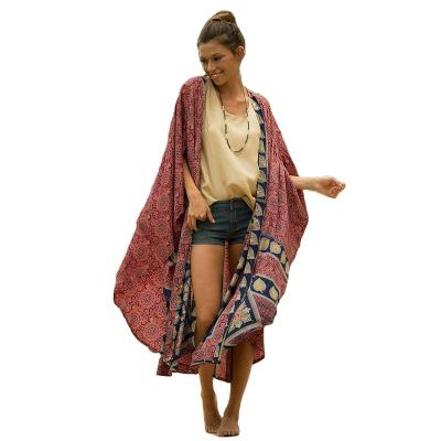 China Anti-wrinkle Ladies Summer Boho Cardigan Printed Kimono Bikini Sunscreen Swimwear Cover Up Maxi for sale