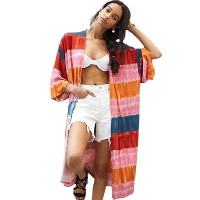 China Breathable Ladies Summer Boho Cardigan Printed Kimono Bikini Sunscreen Striped Swimwear Cover Up Maxi for sale