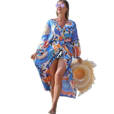 China Anti-wrinkle Women Summer Print Cardigan Kimono Beach Vacation Dress Bikini Sun Shirt Swimwear Cover Up for sale