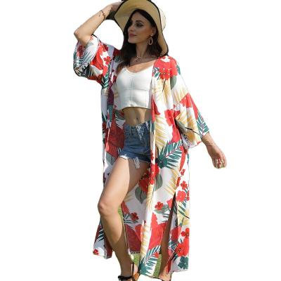 China Anti-wrinkle Women Summer Print Cardigan Kimono Beach Vacation Dress Bikini Sun Shirt Swimwear Cover Up for sale