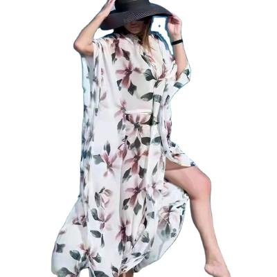 China Anti-wrinkle Ladies Summer Chiffon Print Beach Vacation Maxi Dress Bikini Cover Up Swimwear Cover Up for sale