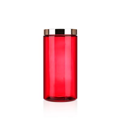 China Viable Glass Aluminum Lids Canisters Large Kitchen Storage Jar Red Glass Airtight Jar for sale