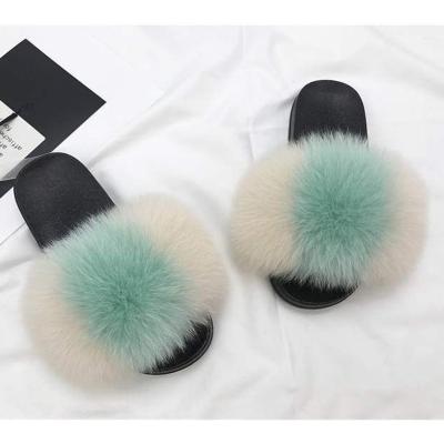 China New Design Trend Fashion Womens EVA Fluffy Fur Slippers For Outdoor Colorful Fox Fur Slides for sale