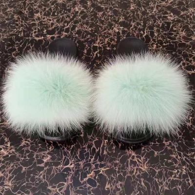 China Fashion Trend Fox Fur Slides Real Logo Fluffy Custom Slippers Brown Pink Fox Fur Slides For Women for sale