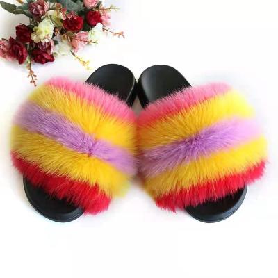 China New Fashion Trend Imitation Fur Color Matching Women's Slippers Plush Flat Bottom Slippers Imitation Fur Artificial Fur Slippers for sale