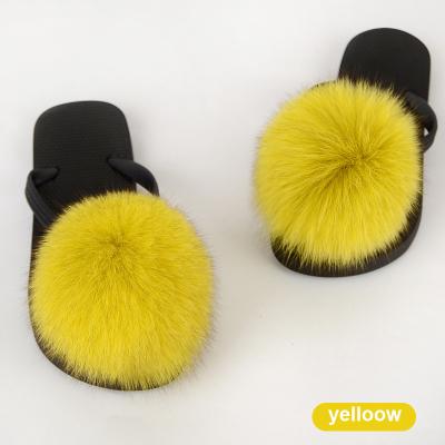 China Fashion Trend Women's Real Fox Flip Flops Slippers Pom Poms Ball Fur Furry Flat Slides Women Fashion Trend Fur Ball Home Flip Flops for sale