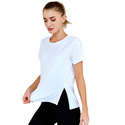 China Custom Breathable Fitness and Yoga Wear Women T-shirt Shorts Sheath Quick Dry Loose Fork Yoga Top Split T-Shirt for Woman for sale