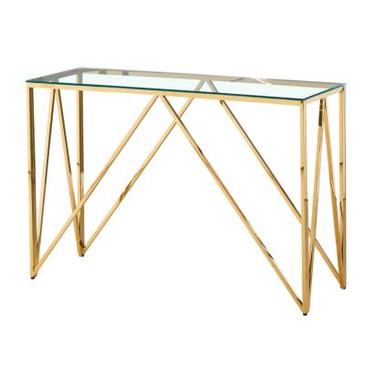 China Hot Sale Modern Living Room Console Table Top Stainless Steel Base Hallway Corner Decorative Luxury Glass Console Table for sale