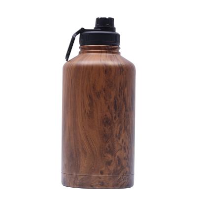 China Sustainable Portable Outdoor Sports Grain Stainless Steel Hooked Wooden Water Bottle With Handle for sale