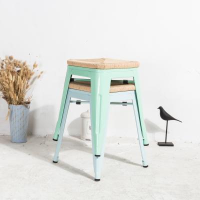 China Wholesale Vintage Style Straw Seat Metal Solid Wood Modern Industrial Bar Stool for sale