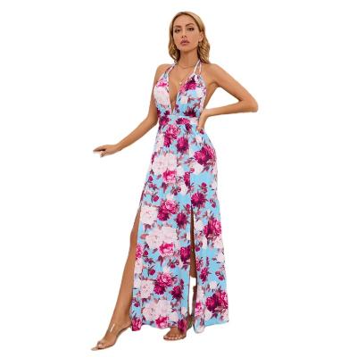 China Anti-wrinkle 2023 Wholesale Hot sale sexy sleeveless deep V-neck floral printed long dress for women for sale