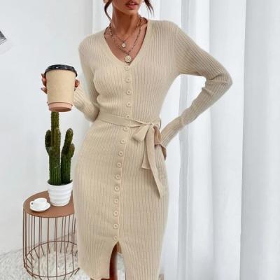 China Anti-wrinkle 2023 wholesale autumn women long sweater latest  elegant waist dress for sale