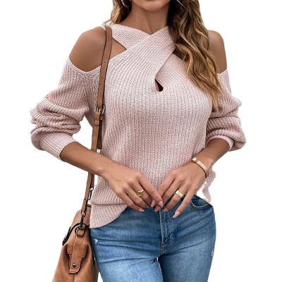 China Anti-wrinkle 2023 autumn stylish solid sexy lantern sleeves knitted sweater for women for sale