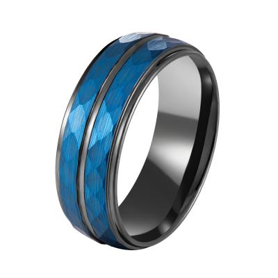 China Comfort Fit Tungsten Ring 8MM Tungsten Carbide Ring Men Wholesale Blue Hammered Thin Line Black Men for sale