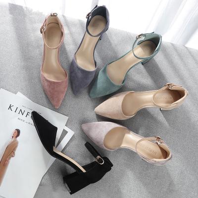 China 2021 Fashion Women Square High Heels Pumps Shoes Female Ankle Strap Faux Suede Pointed Toe Heeled Sandals Lady Office Career Shoe for sale