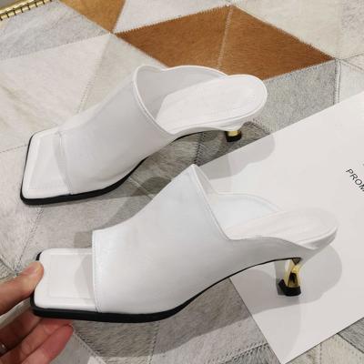 China Designer Women Slipper Square Toe Outdoor Brand Fashion 2021 Summer Elegant High Heel Dress Sandals Ladies Slippers Slides Shoes for sale