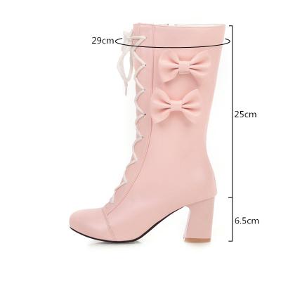 China Fashion 2021 YQBTDL Autumn Fashion Party Shoes Cross Tied Bow Design Princess Lolita Wedding Mid Long White Pink High Heels Female Boots for sale