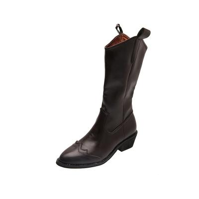 China Fashion Women Western Calf Mid Boots Black PU Leather Oxford Boot Ladies Cowboy Working Retro Women Shoes Casual Female Vintage for sale