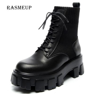 China RASMEUP Fashion Genuine Leather Women's Platform Boots Luxury Designer Women Chunky Style Boots Fashion Ladies Shoes Lace Up Shoes for sale