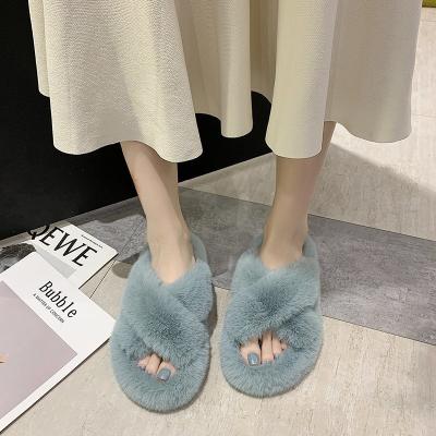 China Fashion Street Fluffy Slides Winter Ladies Fur Slippers Solid Toe Plush Girls Shoes Women Open Crossed Chic Home Slippers for sale