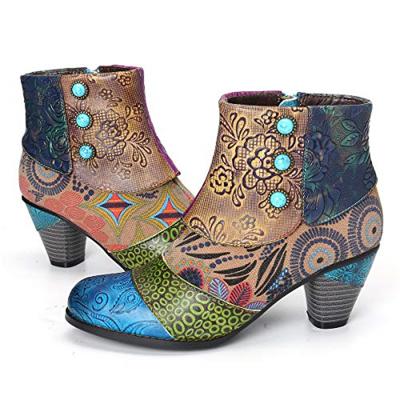 China Fashion Vintage Splicing Printed Ankle Boots For Women Shoes Woman PU Leather Retro Block High Heels Women Boots for sale