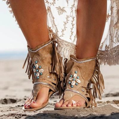 China Fashion Trend Fringe Flower Wedges Summer Flip Flop Sandals Retro Boho Shoes Women Sandals 2021 Solid Open Flock Beach Lace Casual Sandals for sale