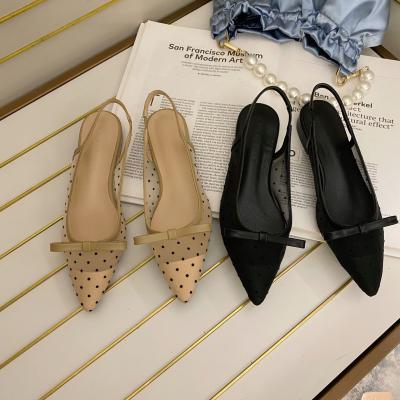 China Women 2021 Graceful Pointed Bow Shoes Mesh Polka Dot Chunky Heel Toe Shallow Mouth Slimming Baotou Women's Fashion Trend Sandals for sale