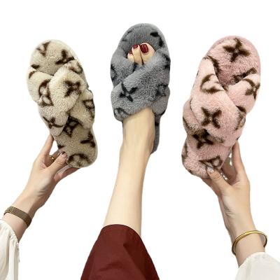 China Fashion new rabbit hair cross slippers for flat women wool furry slippers cotton home warm open slippers for sale