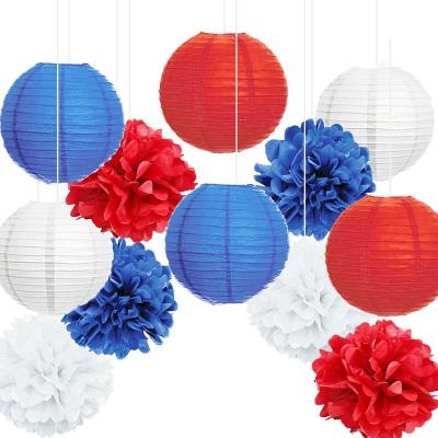 China Europe 12 Pack Red White and Blue Tissue Paper Lanterns and Flowers Pom Poms Decorations 25cm, for Labor Day Addiction Day, Events for sale