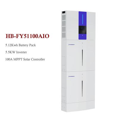 China Energy Storage Battery and Inverter All In One Ess System Built-in MPPT Battery 51.2V 100Ah 5kwh Capacity With 340W Solar Panel HB-FY51100AIO for sale