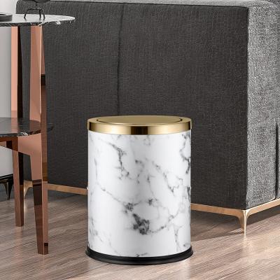 China Leasylife Stocked Trash Can 15L Metal Plus Leather Flip Lid Trash Bin Household Bedroom Living Room Bathroom Waste Bin for sale