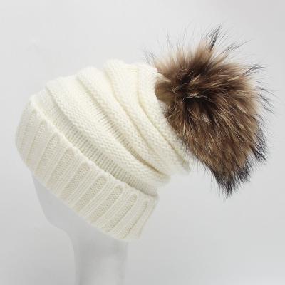 China COMMON 2021 Winter New Extra Large 15cm Real Fur Ball Raccoon Fur Decorative Wool Hat Woman Knitted Hat for sale