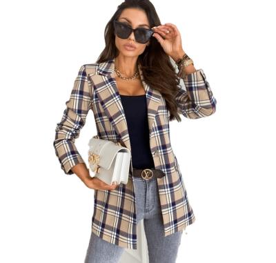 China Anti-wrinkle Women's Suits Slim Button Plaid Printing Fashion Suit Jacket Single Women for sale