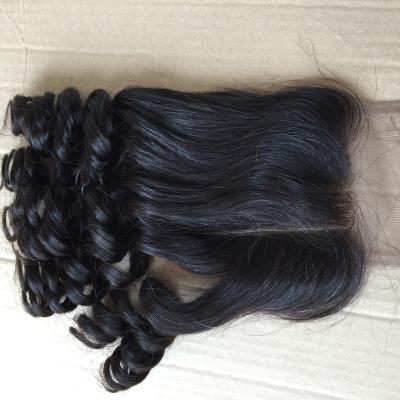 China Funmi Human Hair 4x4 Curl Loose Wave Natural Indian Deep Wave Hair Color Bouncy Lace Closure For Black Woman Fast Express Delivery for sale