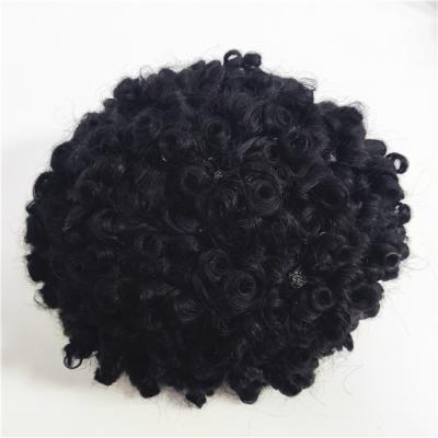 China Loose Wave Hand Tied 15mm Curl Black Color Wigs For Men Indian Virgin Hair Replacement Male Toupees for sale