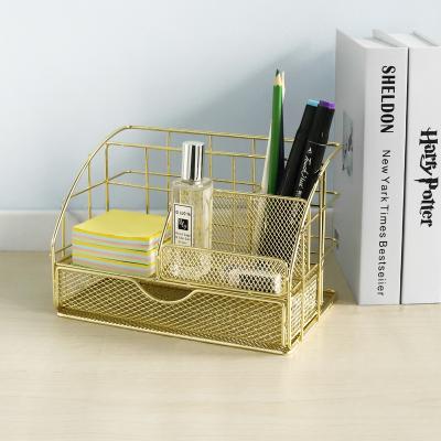 China Strong Practicality Multifunctional Metal Mesh Desk Storage Organizer Wire Stationery Storage With Drawer for sale