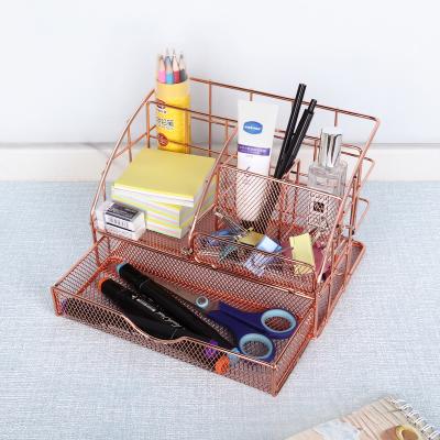 China Wholesale Organizer With Drawer Rose Gold Metal Mesh Office Stationery Table Strong Practicality for sale