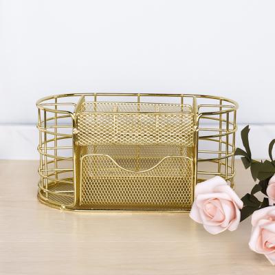 China High Quality Black Metal Mesh Pen Holder Stationery Desktop Storage 5 Compartments Strong Practicality With Drawer for sale