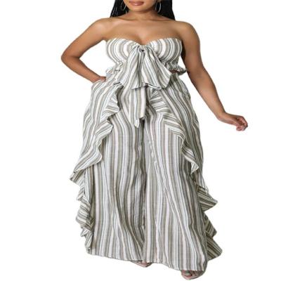 China Anti-wrinkle 2022 newcomers off the shoulder print patchwork striped ruffle plus size 2 pieces set women for sale