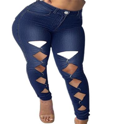 China New Arrivals QUICK DRY Solid Hollowed High Waist Skinny Ripped Denim Pants Womens Jeans for sale