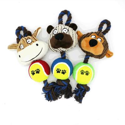 China Viable wholesale good online plush dog toy with rope and tennis ball squeaker inside pet toys for sale