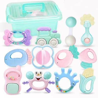 China 2021 Hot Selling Soft Toy Gifts 6 To 12 Months Grasping Tinkerbell Plastic Teether Clink Educational Baby Toys Set for sale