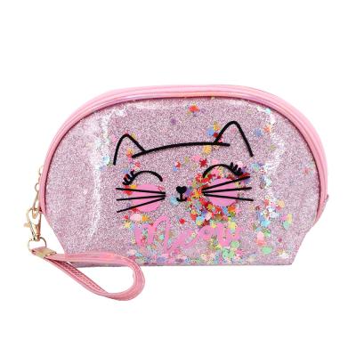 China Fashion Cartoon Cute Glitter Waterproof Portable Cat Print Shell Shape Shimmer Glitter Cosmetic Organizer Makeup Bag for sale