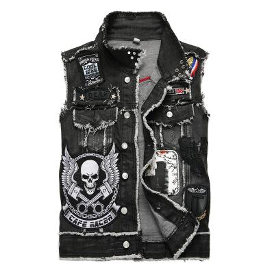 China Men's Jeans Jackets Mens Denim Vests EmbroideredJeans Skull Slim Sleeveless Male Vest Black Fashion Jackets For Men for sale