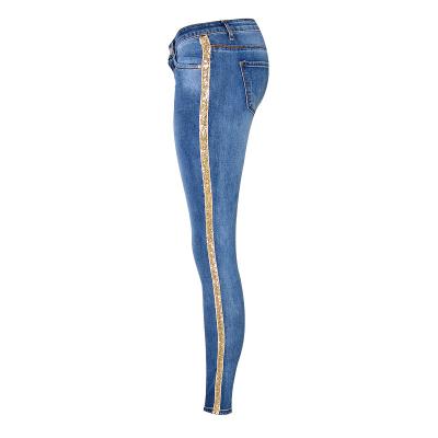 China Fashion Breathable Side Stripe Low Rise Skinny Jeans Women Slim Fit Gold Sequin Vaqueros Mujer Denim Embroidered Pants for sale