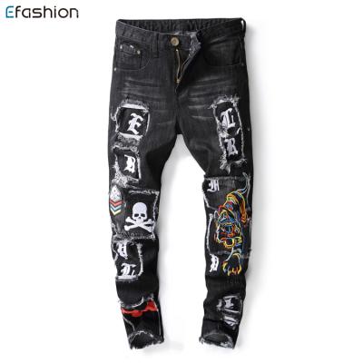 China Tiger Embroidered Slim Fit Pattern Patch Denim Punk Rocker Biker Breathable Jeans Pants With Holes Broken Black for sale