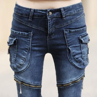 China Military Lady Style Fake Zippers Mid Waist Jeans Washed Denim Women's Breathable Jeans for sale