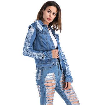 China Autumn Ripped Shredded Long Sleeve Breathable Cool Girl Fashion Women Jeans Jacket Denim Jacket for sale