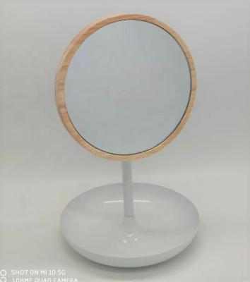 China Bamboo Frame Standing Magnifying Adjustable Mirror Magnifying Desktop Cosmetic Mirror With Jewelry Storage for sale