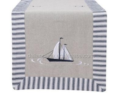 China Navy Navy Blue Strip Fabric Marine CottonTablerunner with Sailing Boat Embroidery for Summer for sale